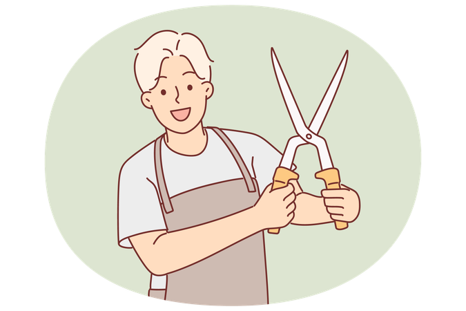 Man with garden shears in working apron demonstrates tool for trimming branches of bushes and trees  Illustration