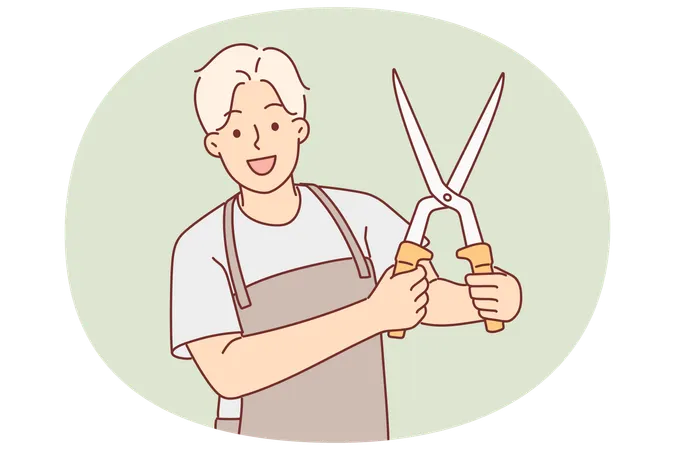 Man with garden shears in working apron demonstrates tool for trimming branches of bushes and trees  Illustration