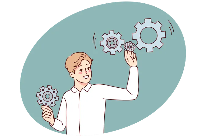 Man with gears look for answer  Illustration
