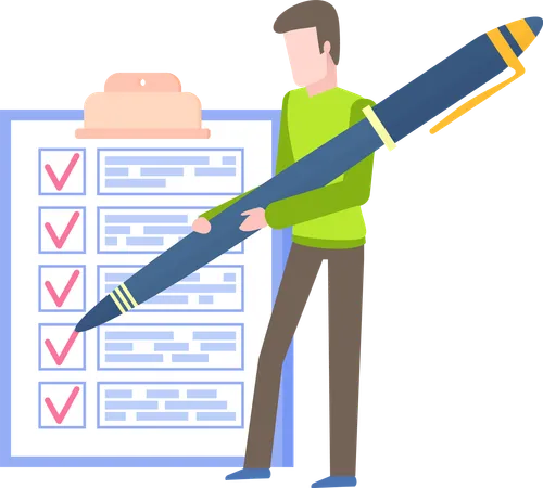 Man With Giant Pencils Standing Near Checklist To Do Plan On Clipboard Successful Completion Of Business Tasks Time Management Scheduling Concept Male Character Working With Check Sheet イラスト
