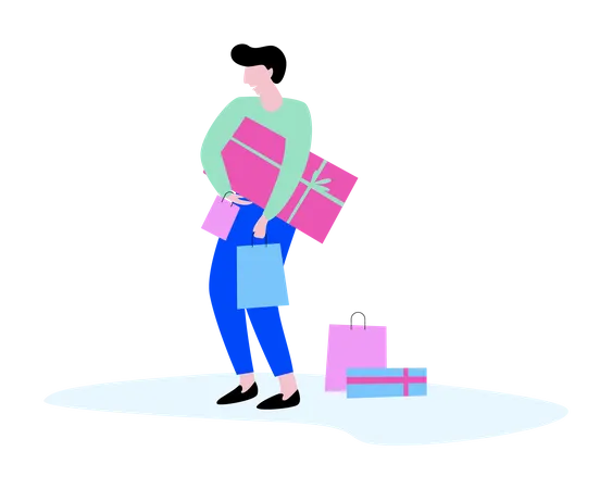 Person With Bag And Gift Box Big Sale And Discount Cheerful Buyer Shopping Vector Illustration In Cartoon Style Illustration