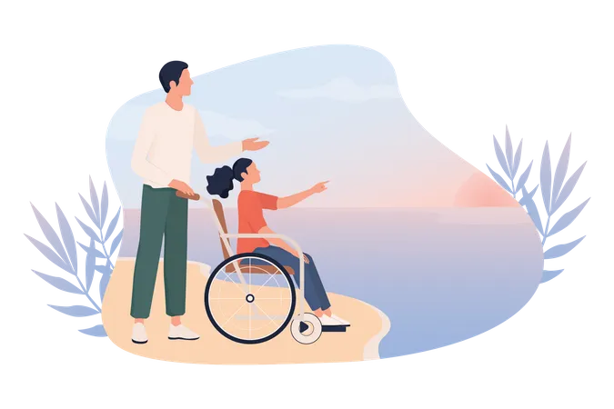 Man with girl sitting on wheelchair on the beach  Illustration