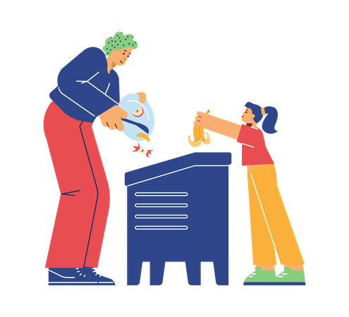 Man with girl throw away organic food into compost bin  Illustration