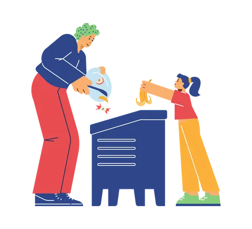 Man with girl throw away organic food into compost bin  Illustration