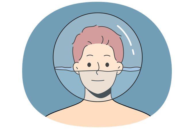 Man with glass ball filled with water on his head for psychological problems  Illustration