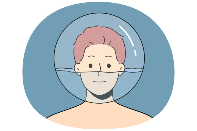 Man with glass ball filled with water on his head for psychological problems  Illustration