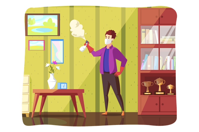 Man with gloves medical face mask holds and spray bottle of antiseptic antibacterial flask at home  Illustration