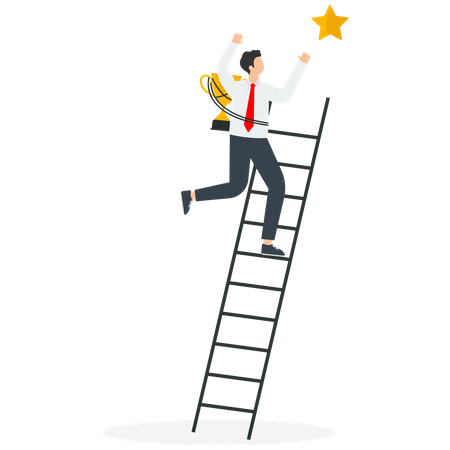 Man with goblet climbs ladder to star  Illustration