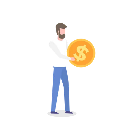 Man With Golden Coin In Hands Isolated Cartoon Character Vector Male Making Investments Increasing Income And Financial Profit Dollar Sign On Money Illustration