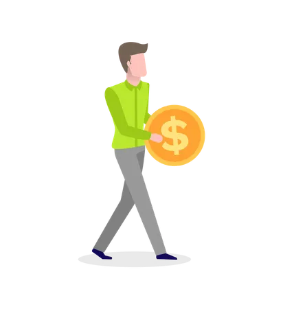 Male Making Investments Increasing Income And Financial Profit Dollar Sign On Money Vector Man With Golden Coin In Hands Isolated Cartoon Character Illustration