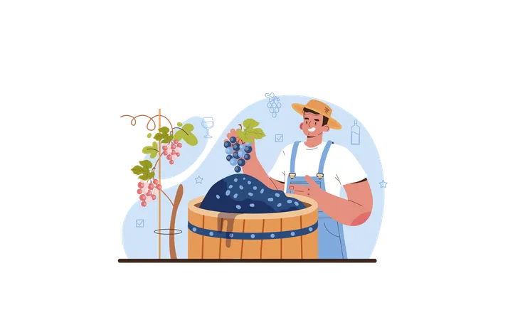 Man with Grape wine aging in wood barrel  Illustration