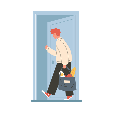 Man with grocery bag enters the door  Illustration