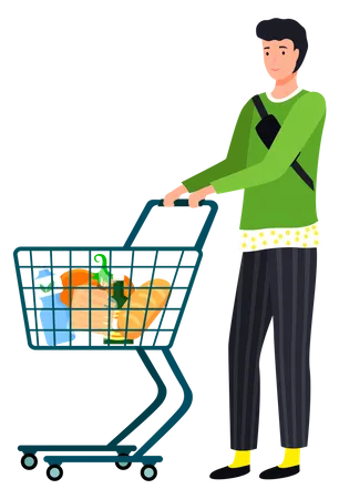 Man with grocery trolley shopping  Illustration