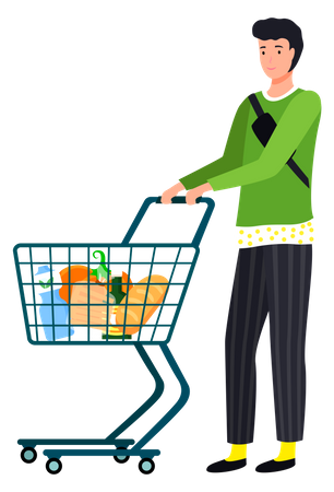 Man with grocery trolley shopping  Illustration