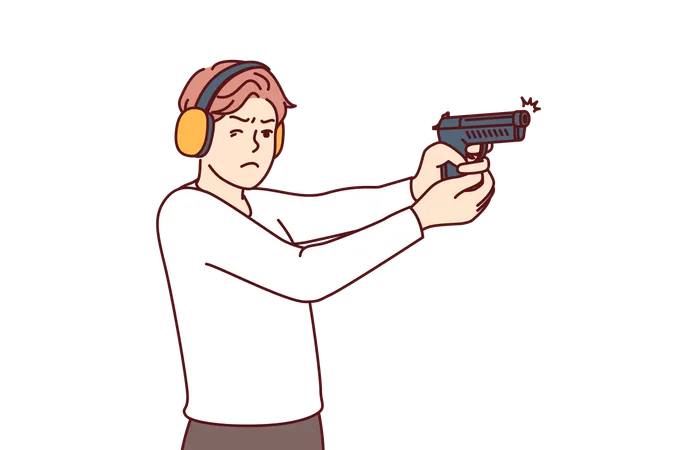 Man With Gun Trains At Shooting Range To Learn How To Shoot And Become Sheriff Or Bodyguard Guy In Ballistic Headphones Holds Gun And Squints To Hit Target During Training In Shooting Range 일러스트레이션