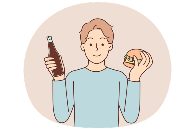 Man with hamburger and soda offers fast food snack or street restaurant with delicious sandwiches  Illustration