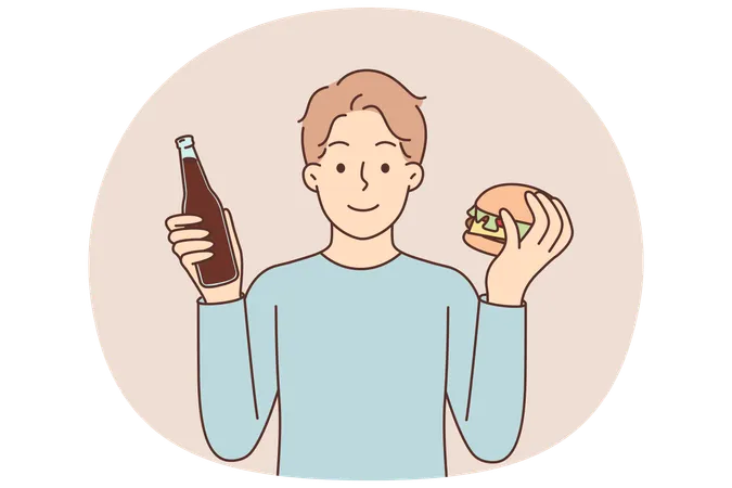 Man with hamburger and soda offers fast food snack or street restaurant with delicious sandwiches  Illustration