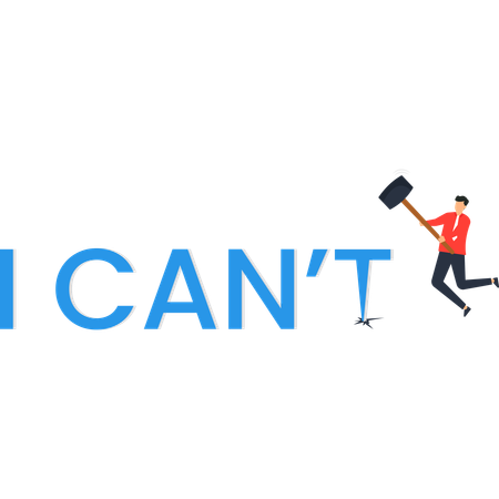 ハンマーで文字を砕き、障害を乗り越える男  イラスト