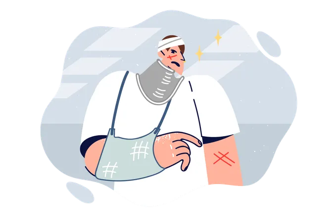 Man With Head Injuries And Broken Arm Needs Long Rehabilitation After Being Involved In Car Accident Sick Guy Who Was Hospitalized With Injuries Is Awaiting Payment From Health Insurance Illustration