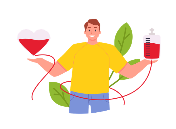 Man With Heart And Blood Bag Vector Illustration On Abstract Background With Leaves.  Illustration