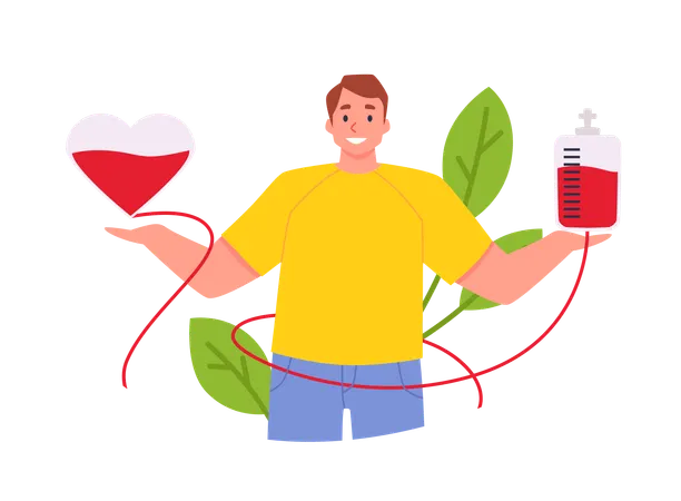 Man With Heart And Blood Bag Vector Illustration On Abstract Background With Leaves.  Illustration