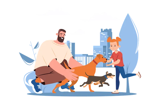Man with his daughter walking their dogs  Illustration