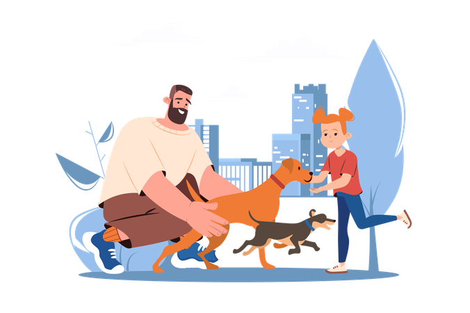 Man with his daughter walking their dogs  Illustration