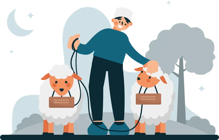 The Illustration Of A Man And His Two Pet Goats Evokes Feelings Of Joy Togetherness And Cultural Richness And Is An Attractive Visual Representation To Promote Eid Al Adha Celebrations Events And Products Illustration