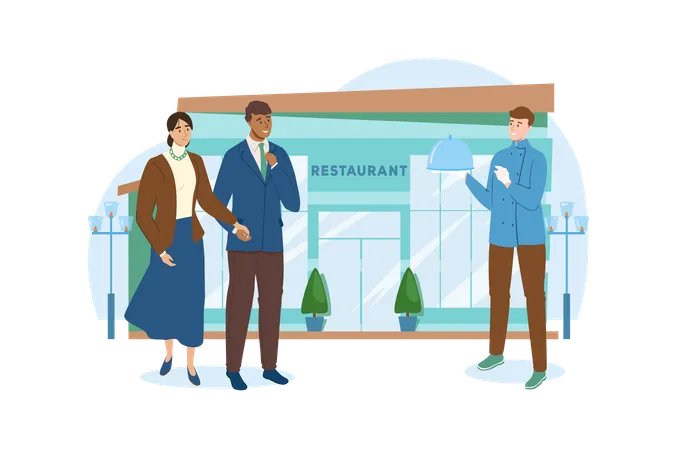 Shop Blue Concept With People Scene In The Flat Cartoon Design Man With His Wife Go To The Restaurant Vector Illustration Illustration