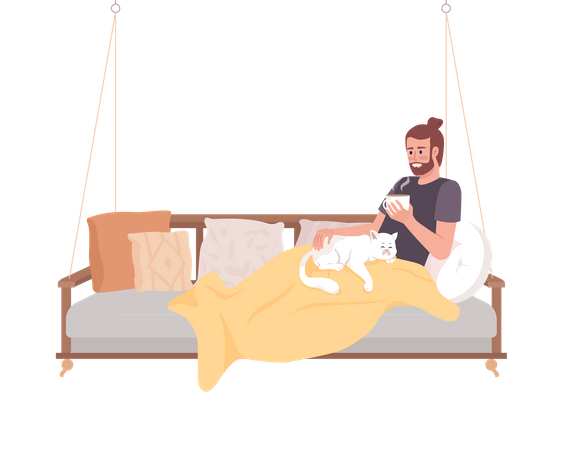 Man with hot drink lying on garden swing with cat Illustration