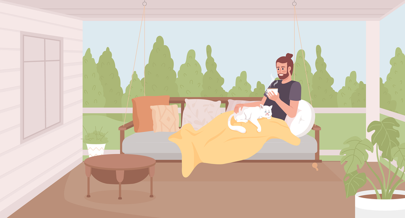 Man with hot drink lying on garden with cat Illustration