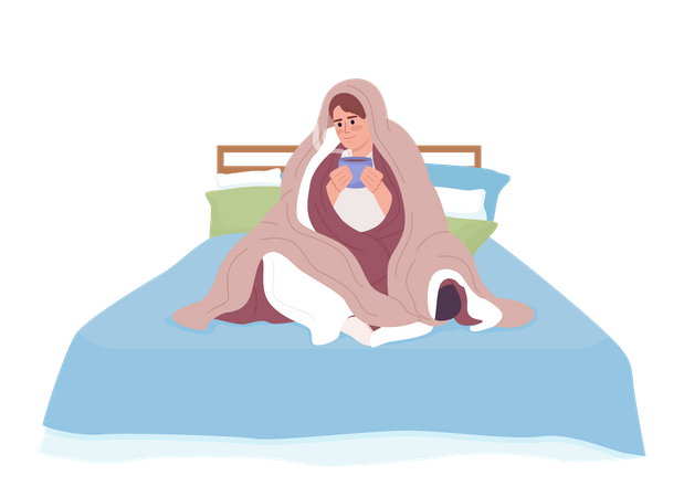 Man with hot tea wrapped himself up in blanket  Illustration