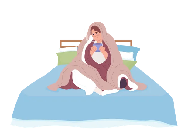 Man with hot tea wrapped himself up in blanket  Illustration