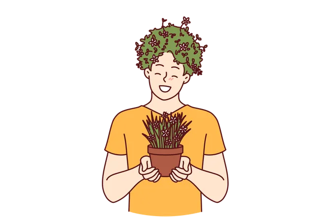 Man with house plant in hands and hairstyle made of grass  Illustration