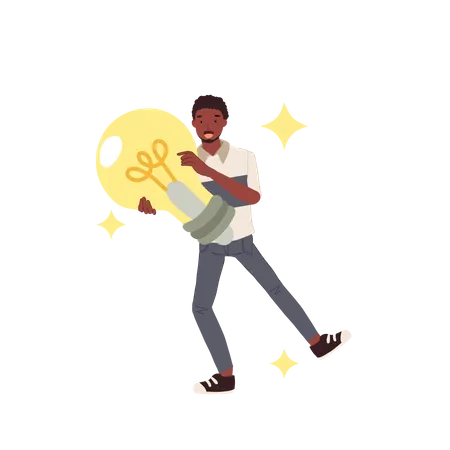 Happy African American Man With Large Light Bulbs In His Hands Flat Vector Cartoob Character Illustration Illustration