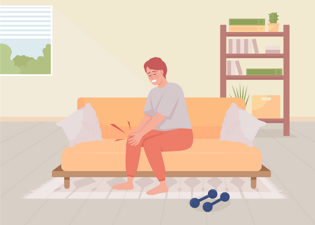 Man with injured knee at home Illustration