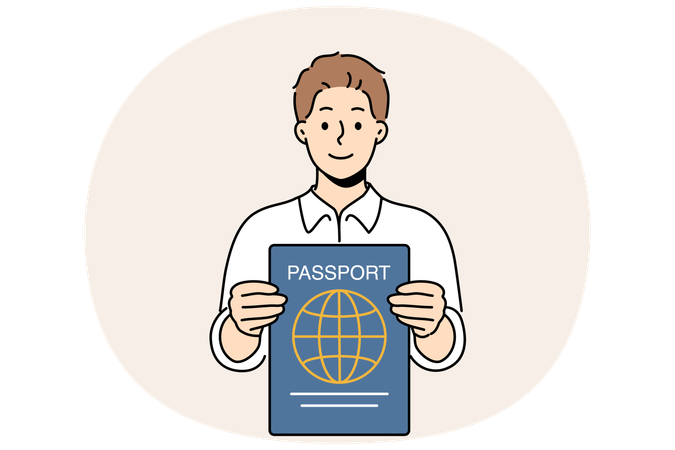 Man with international passport in hands that allows him to travel world and visit new countries  Illustration