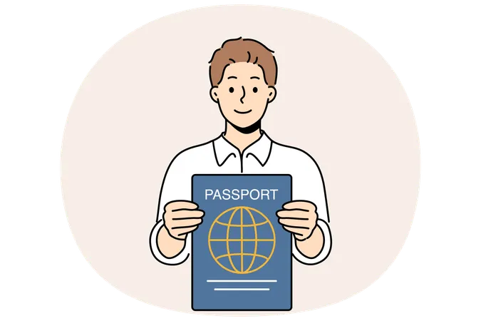 Man with international passport in hands that allows him to travel world and visit new countries  Illustration