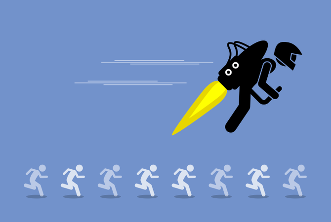 Man with jet pack flying ahead of everybody else  Illustration