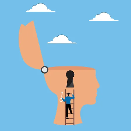 Man with key climbs ladder to head  Illustration