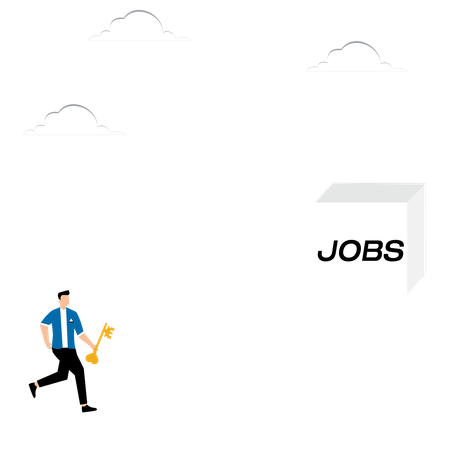 Man with key runs to the word jobs  Illustration