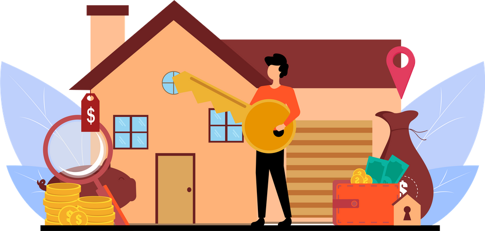 Man with key to unlock home  Illustration