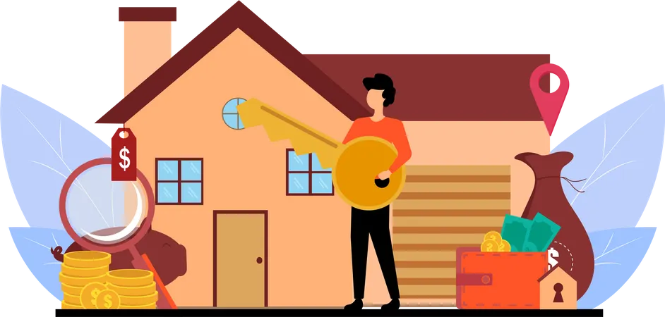 Man with key to unlock home  Illustration