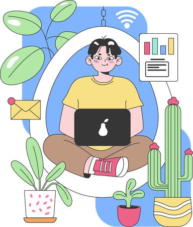 Man with laptop amid floating plants  イラスト