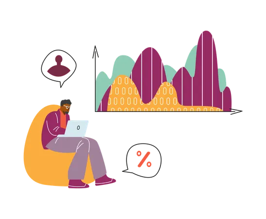Man with laptop analyzing demographic statistics data  Illustration