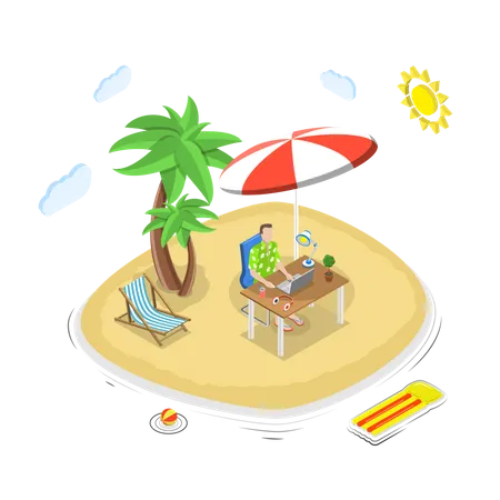 Man with laptop at the table works on a tropical island Illustration