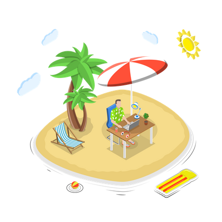 Man with laptop at the table works on a tropical island  Illustration