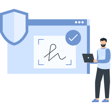 Man with Laptop Electronic Document Security Shield and Check Mark  Illustration