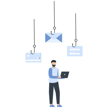 Man with Laptop Hooks with Credit Card Email and Login Form  Illustration
