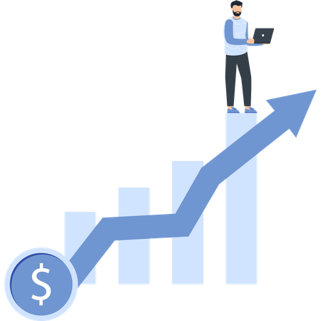 Man with Laptop on Rising Graph Dollar Sign Financial Success  Illustration